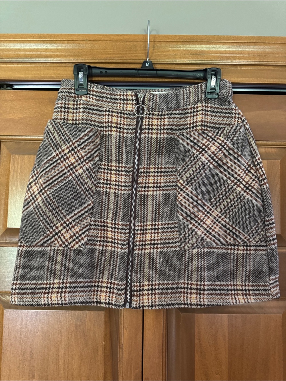 Brown Plaid Zip-Front Mini Skirt with Ring Pull